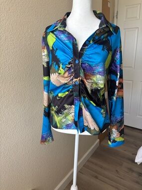 Abstract Print Button-Front Blouse - Blue Multi